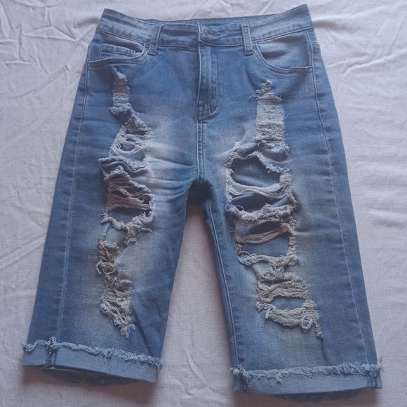 Distressed Strechy Bermuda Jean Shorts - Picture 1 of 3